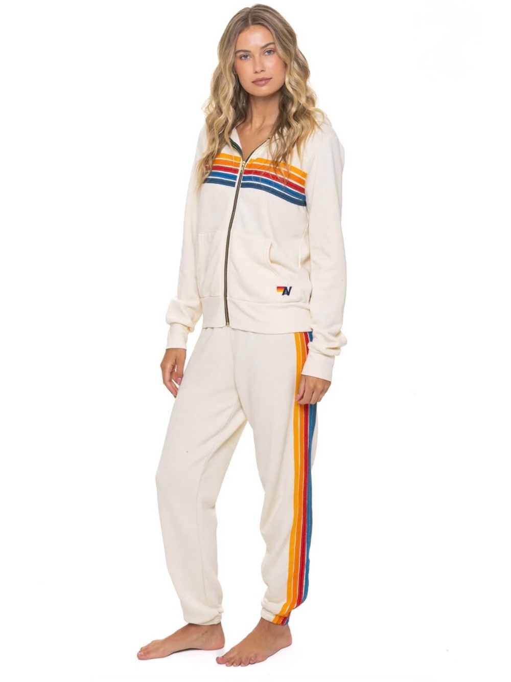 Aviator Nation 5 Stripe Hoodie Striped Cream & Red Sweat Set